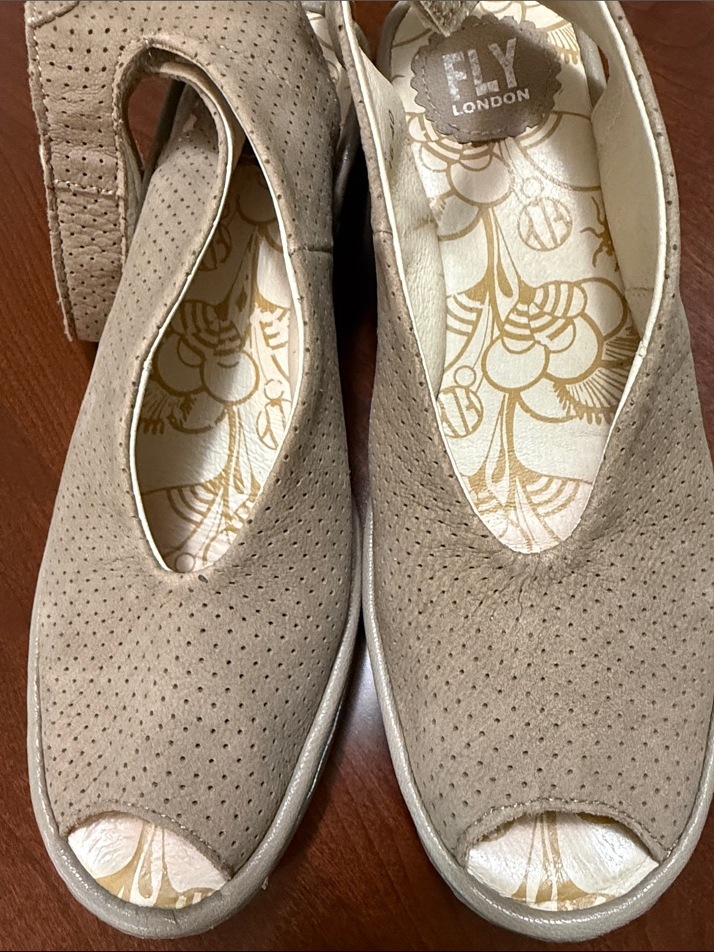 Fly London Beige Women's Peep-Toe Comfort wedge with Ankle Strap. Like new.